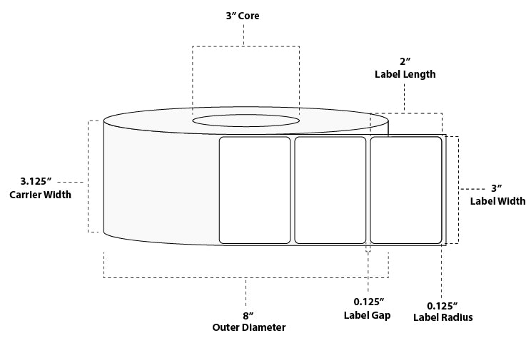 3" x 2" Standard Thermal Transfer Paper Label; No Perf; 3" Core; 8" OD; 6 Rolls/carton (2,900 Labels/roll)