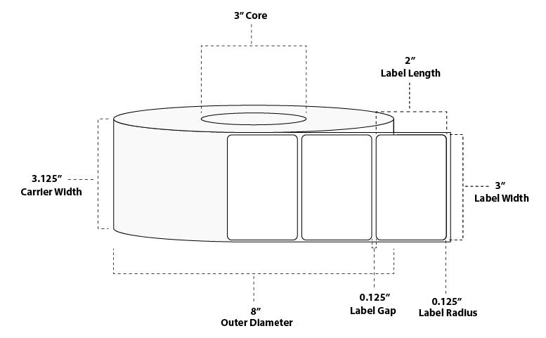 3" x 2" Standard Thermal Transfer Paper Label; No Perf; 3" Core; 8" OD; 6 Rolls/carton (3,000 Labels/roll)