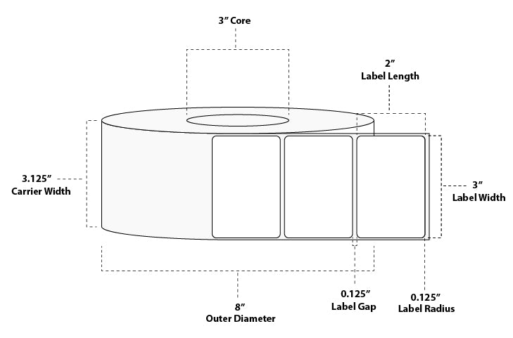 3" x 2" Standard Thermal Transfer Paper Label; Perforated; 3" Core; 8" OD; 6 Rolls/carton (3,000 Labels/roll)