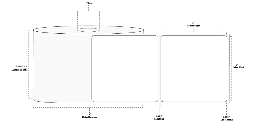 3" x 3" Premium Direct Thermal Paper Label; Perforated; 1" Core; 5" OD; 12 Rolls/carton (890 Labels/roll)