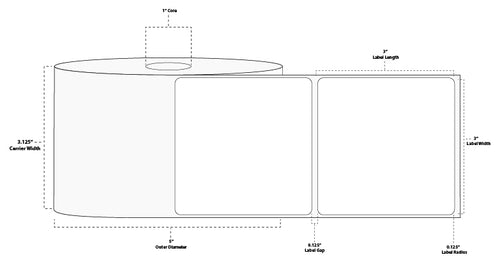 3" x 3" Premium Thermal Transfer Paper Label; Perforated; 1" Core; 5" OD; 12 Rolls/carton (890 Labels/roll)