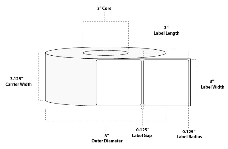 3" x 3" Premium Thermal Transfer Paper Label; Perforated; 3" Core; 8" OD; 6 Rolls/carton (1,900 Labels/roll)