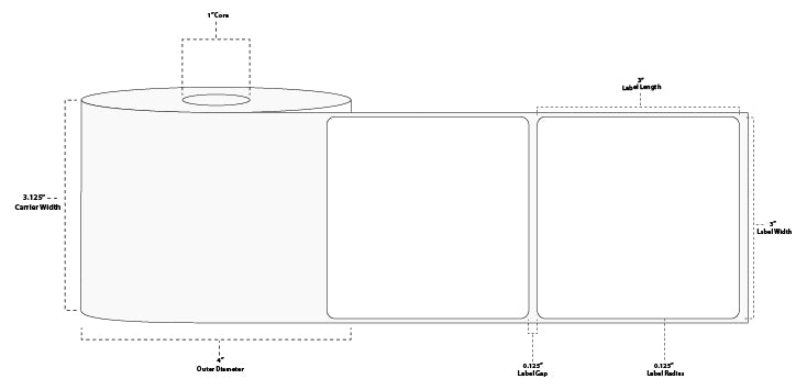 3" x 3" Standard Direct Thermal Paper Label; Perforated; 1" Core; 4" OD; 4 Rolls/carton (500 Labels/roll)