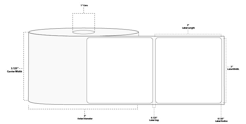 3" x 3" Standard Direct Thermal Paper Label; Perforated; 1" Core; 5" OD; 4 Rolls/carton (850 Labels/roll)