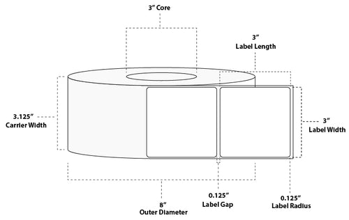 3" x 3" Standard Thermal Transfer Paper Label; No Perf; 3" Core; 8" OD; 6 Rolls/carton (1,950 Labels/roll)