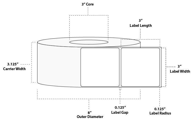 3" x 3" Standard Thermal Transfer Paper Label; No Perf; 3" Core; 8" OD; 6 Rolls/carton (1,950 Labels/roll)