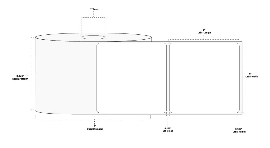 3" x 3" Standard Thermal Transfer Paper Label; Perforated; 1" Core; 5" OD; 4 Rolls/carton (850 Labels/roll)