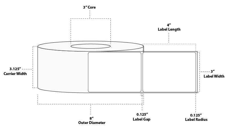 3" x 4" Standard Thermal Transfer Paper Label; No Perf; 3" Core; 8" OD; 6 Rolls/carton (1,430 Labels/roll)
