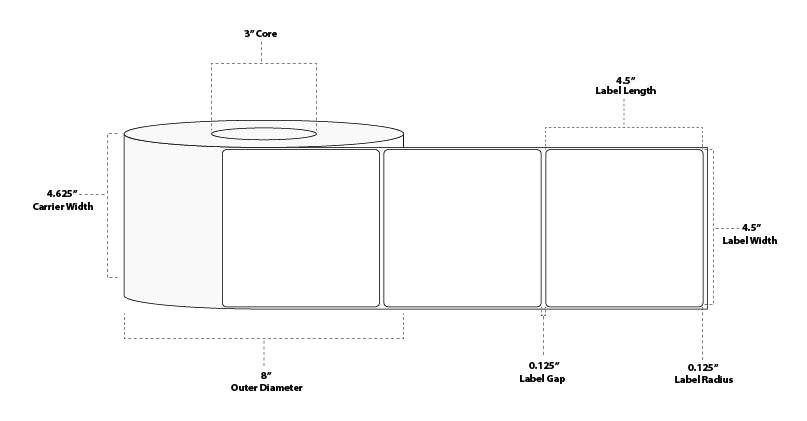 4.5" x 4.5" Premium Direct Thermal Paper Label; Perforated; 3" Core; 8" OD; 4 Rolls/carton (1,400 Labels/roll)