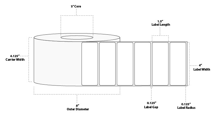 4" x 1.5" Premium Thermal Transfer Paper Label; Perforated; 3" Core; 8" OD; 4 Rolls/carton (3,500 Labels/roll)