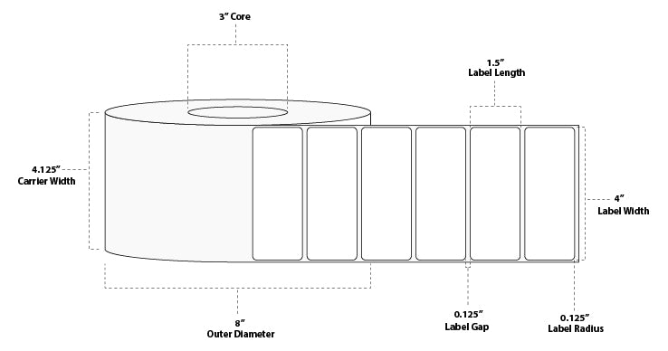 4" x 1.5" Standard Thermal Transfer Paper Label; Perforated; 3" Core; 8" OD; 4 Rolls/carton (3,500 Labels/roll)