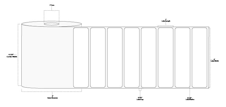4" x 1" Premium Direct Thermal Paper Label; Perforated; 1" Core; 4" OD; 12 Rolls/carton (1,300 Labels/roll)