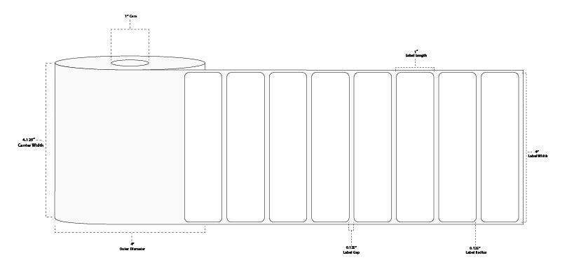 4" x 1" Premium Direct Thermal Paper Label; Perforated; 1" Core; 4" OD; 12 Rolls/carton (1,375 Labels/roll)