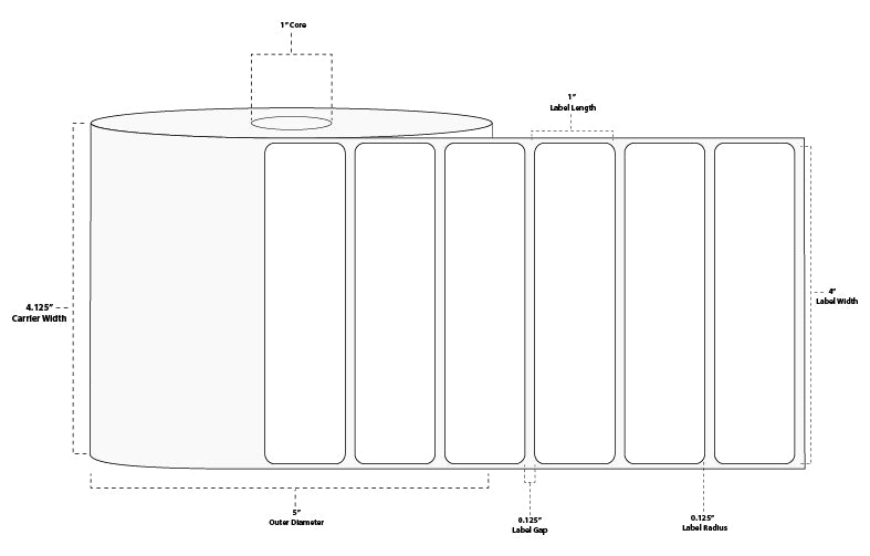 4" x 1" Premium Direct Thermal Paper Label; Perforated; 1" Core; 5" OD; 12 Rolls/carton (2,500 Labels/roll)