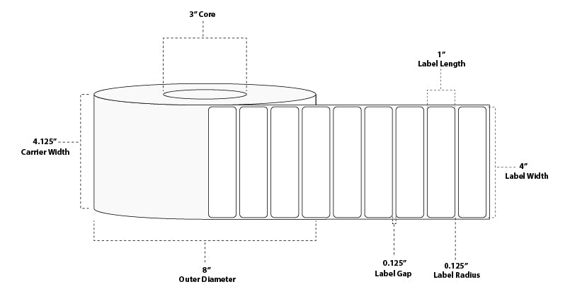 4" x 1" Premium Direct Thermal Paper Label; Perforated; 3" Core; 8" OD; 4 Rolls/carton (5,500 Labels/roll)