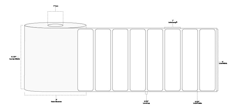 4" x 1" Premium Thermal Transfer Paper Label; Perforated; 1" Core; 4" OD; 12 Rolls/carton (1,375 Labels/roll)