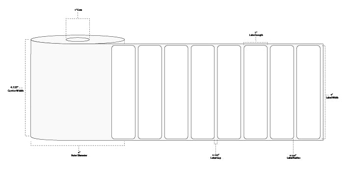 4" x 1" Premium Thermal Transfer Paper Label; Perforated; 1" Core; 4" OD; 12 Rolls/carton (1,375 Labels/roll) - Removable Adhesive