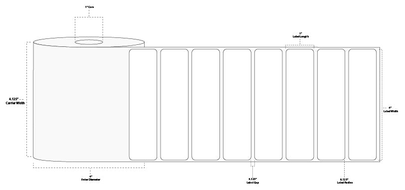 4" x 1" Standard Direct Thermal Paper Label; Perforated; 1" Core; 4" OD; 4 Rolls/carton (1,310 Labels/roll)