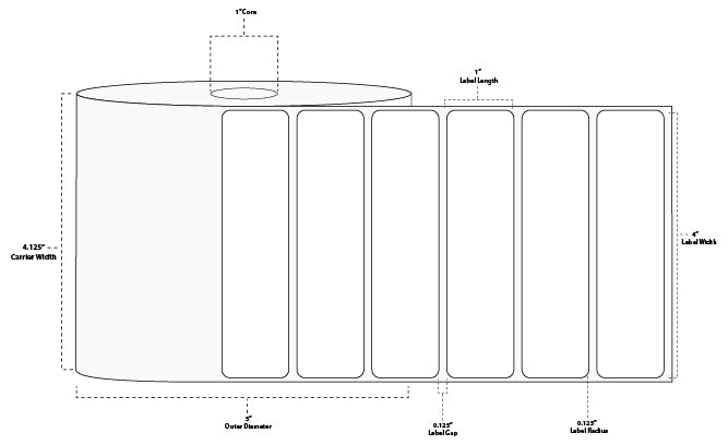 4" x 1" Standard Direct Thermal Paper Label; Perforated; 1" Core; 5" OD; 4 Rolls/carton (2,300 Labels/roll)