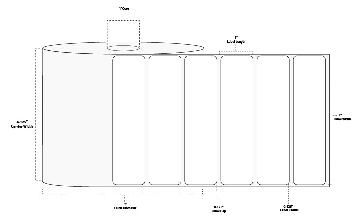 4" x 1" Standard Thermal Transfer Paper Label; Perforated; 1" Core; 5" OD; 4 Rolls/carton (2,300 Labels/roll)