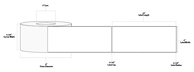 4" x 10" Premium Thermal Transfer Paper Label; Perforated; 3" Core; 8" OD; 4 Rolls/carton (700 Labels/roll)