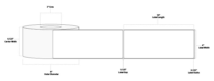 4" x 10" Standard Thermal Transfer Paper Label; Perforated; 3" Core; 8" OD; 4 Rolls/carton (600 Labels/roll)
