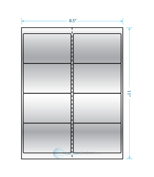 4" x 2.5" sheet labels, 8 per sheet, silver foil