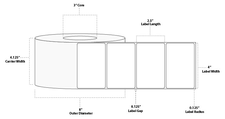 4" x 2.5" Standard Thermal Transfer Paper Label; No Perf; 3" Core; 8" OD; 4 Rolls/carton (2,500 Labels/roll)
