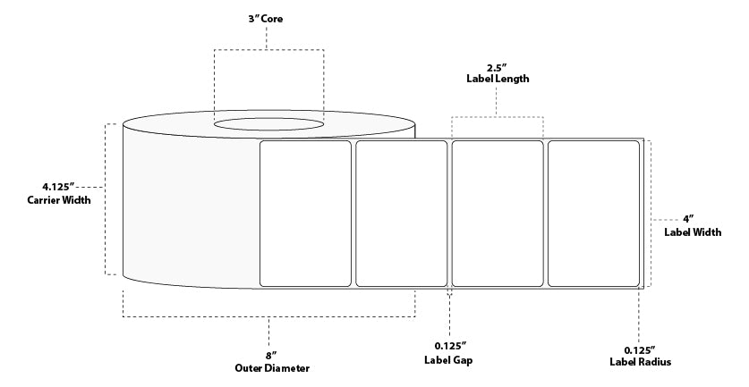 4" x 2.5" Standard Thermal Transfer Paper Label; Perforated; 3" Core; 8" OD; 4 Rolls/carton (2,350 Labels/roll)