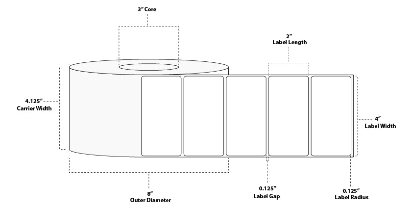 4" x 2" Floodcoated Direct Thermal Paper Label; Perforated; 3" Core; 8" OD; 4 Rolls/carton (2,900 Labels/roll) - Pantone Yellow