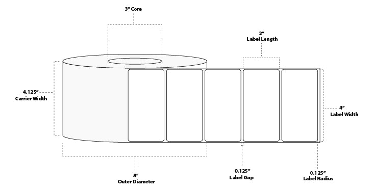 4" x 2" Floodcoated Thermal Transfer Paper Label; Perforated; 3" Core; 8" OD; 4 Rolls/carton (2,900 Labels/roll) - Pantone Yellow