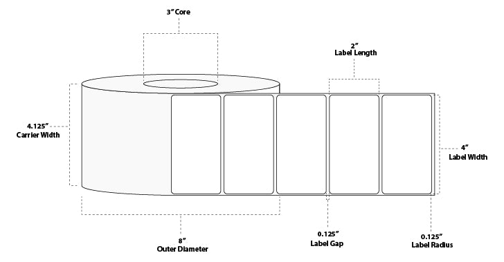 4" x 2" Floodcoated Thermal Transfer Paper Label; Perforated; 3" Core; 8" OD; 4 Rolls/carton (2,900 Labels/roll) - Pastel Blue PMS 290