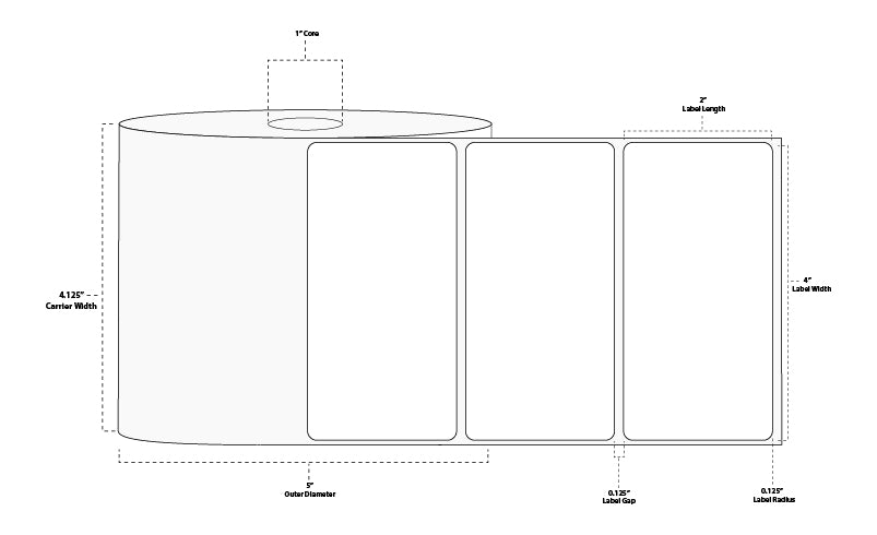 4" x 2" Premium Thermal Transfer Paper Label; Perforated; 1" Core; 5" OD; 8 Rolls/carton (1,300 Labels/roll)