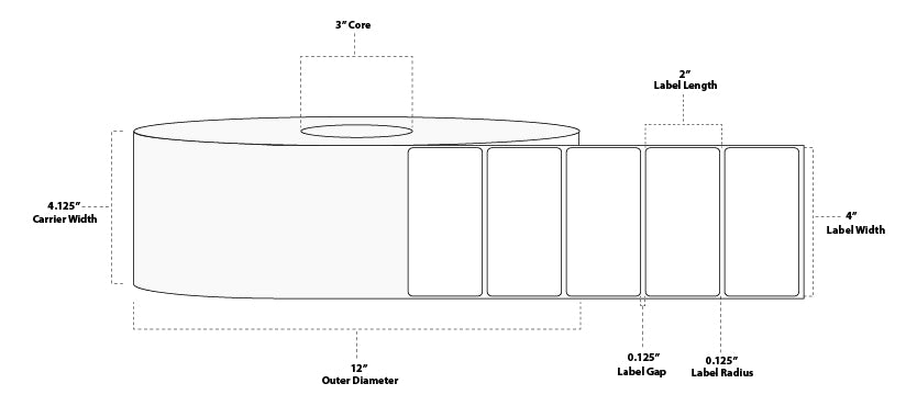 4" x 2" Standard Thermal Transfer Paper Label; No Perf; 3" Core; 12" OD; 2 Rolls/carton (8,200 Labels/roll)
