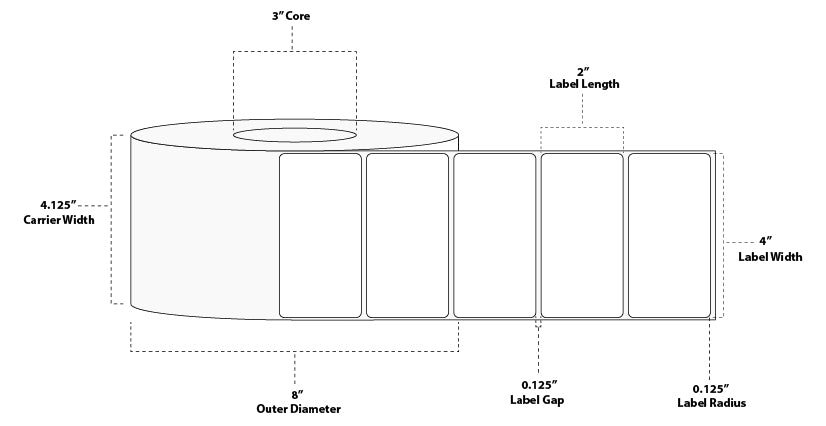 4" x 2" Standard Thermal Transfer Paper Label; No Perf; 3" Core; 8" OD; 4 Rolls/carton (3,000 Labels/roll)