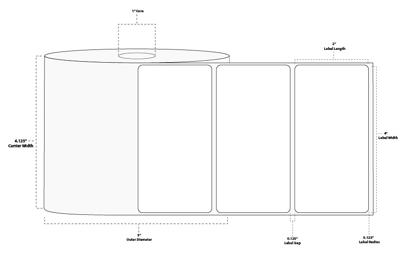 4" x 2" Standard Thermal Transfer Paper Label; Perforated; 1" Core; 5" OD; 4 Rolls/carton (1,250 Labels/roll)