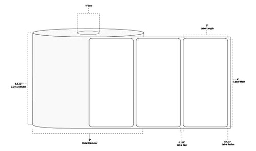 4" x 2" ThinTek Direct Thermal Paper Label; Perforated; 1" Core; 5" OD; 6 Rolls/carton (1,650 Labels/roll)