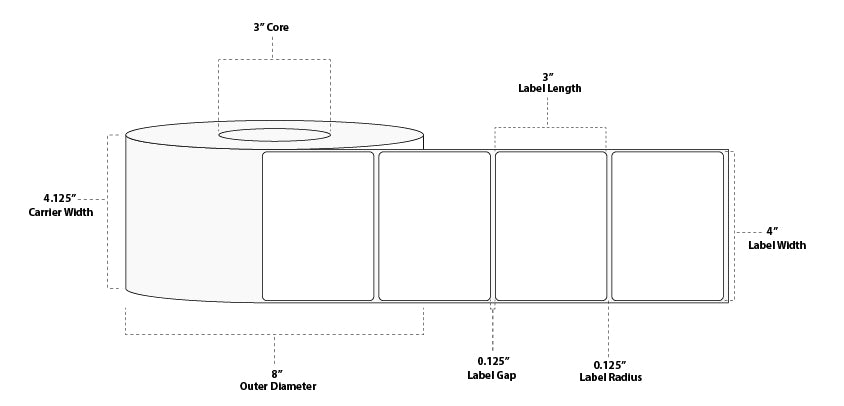 4" x 3" Floodcoated Direct Thermal Paper Label; Perforated; 3" Core; 8" OD; 4 Rolls/carton (1,900 Labels/roll) - Pantone Yellow