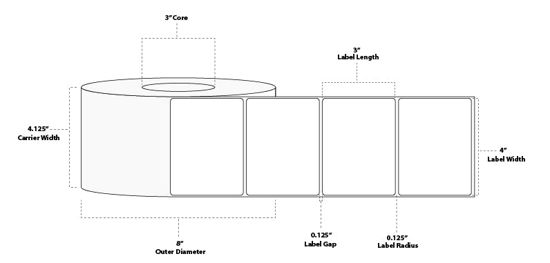 4" x 3" Premium Direct Thermal Paper Tag; Perforated; 3" Core; 8" OD; 4 Rolls/carton (1,800 Tags/roll)