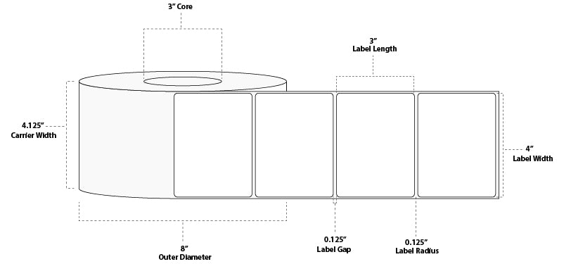 4" x 3" Premium Thermal Transfer Paper Label; No Perf; 3" Core; 8" OD; 4 Rolls/carton (1,900 Labels/roll)