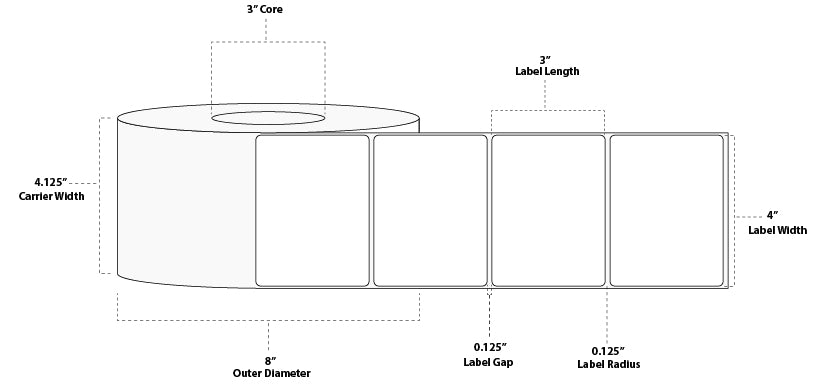4" x 3" Standard Direct Thermal Paper Label; Perforated; 3" Core; 8" OD; 4 Rolls/carton (2,000 Labels/roll)