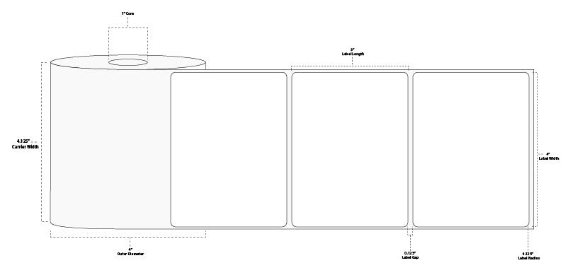 4" x 3" Standard Thermal Transfer Paper Label; Perforated; 1" Core; 4" OD; 12 Rolls/carton (500 Labels/roll)
