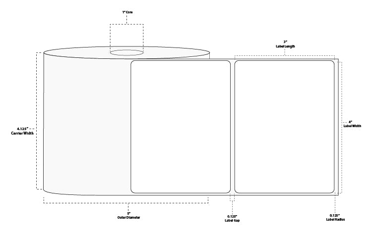 4" x 3" Standard Thermal Transfer Paper Label; Perforated; 1" Core; 5" OD; 4 Rolls/carton (850 Labels/roll)