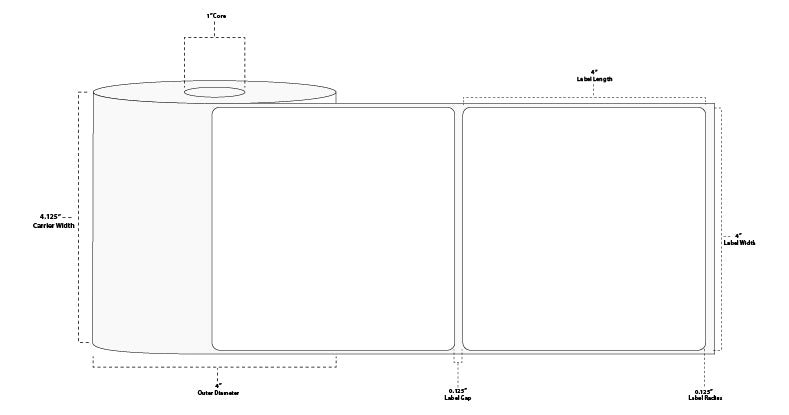 4" x 4" Floodcoated Direct Thermal Paper Label; Perforated; 1" Core; 4" OD; 12 Rolls/carton (380 Labels/roll) - 032 Red
