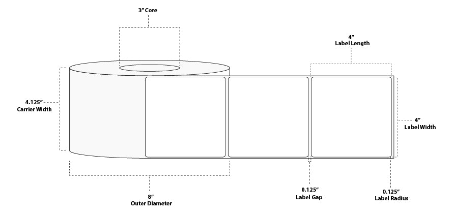 4" x 4" Premium Direct Thermal Paper Label; No Perf; 3" Core; 8" OD; 4 Rolls/carton (1,500 Labels/roll)