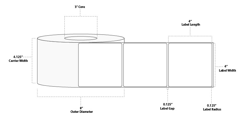 4" x 4" Premium Direct Thermal Paper Label; Perforated; 3" Core; 8" OD; 4 Rolls/carton (1,500 Labels/roll)