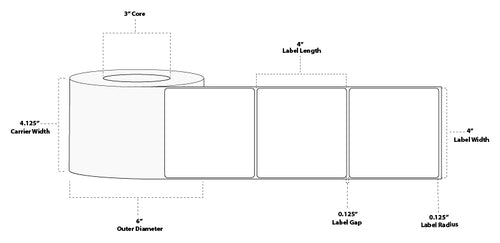 4" x 4" Premium Thermal Transfer Paper Label; Perforated; 3" Core; 6" OD; 8 Rolls/carton (750 Labels/roll)