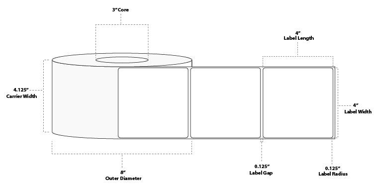 4" x 4" Premium Thermal Transfer Paper Label; Perforated; 3" Core; 8" OD; 4 Rolls/carton (1,500 Labels/roll)