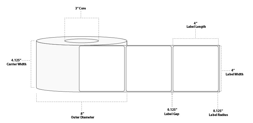 4" x 4" Premium Thermal Transfer Paper Label; Perforated; 3" Core; 8" OD; 4 Rolls/carton (1,500 Labels/roll) - Wound In