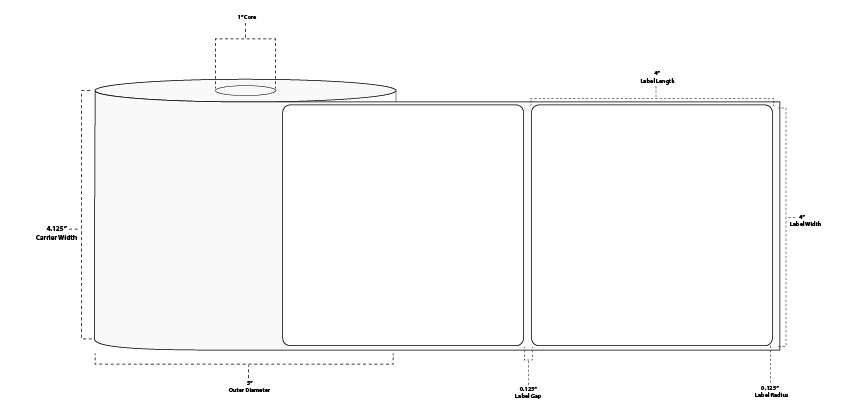 4" x 4" Standard Direct Thermal Paper Label; Perforated; 1" Core; 5" OD; 8 Rolls/carton (750 Labels/roll)